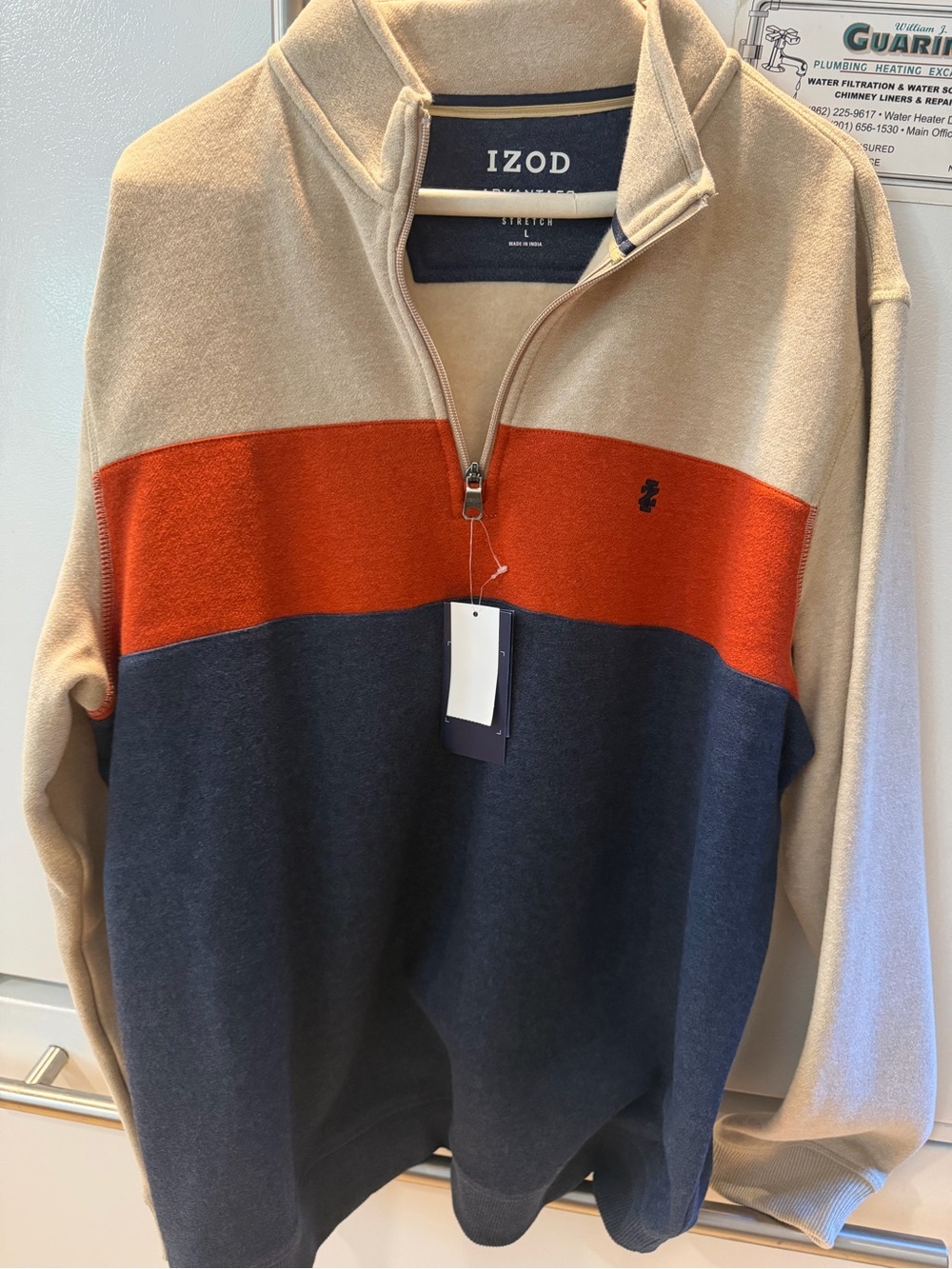 IZOD Men’s Tan, Orange & Navy Zip-Up Colorblock Sweater, new with tags
